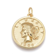 Подвеска Латунь, Плоские Круглые с изображением человека и словом Liberty, Стойкое Покрытие Золото 18К, Размер: 20х18х3мм, Соединительное кольцо 5х1мм, Внутренний диаметр 3мм, (УТ100030744)