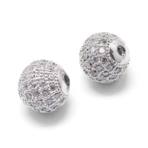 Намистини Латунь з Фіанітами, Круглі, Стійке Покриття, Платина/Безбарвний, 6х6мм, Отвір 1.5мм, (УТ100030802)