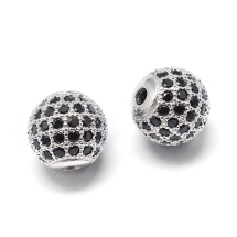 Намистини Латунь з Фіанітами, Круглі, Стійке Покриття Платина, Колір фіанітів: Чорний, 6х6мм, Отвір 1.5мм, (УТ100030810)