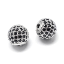 Намистини Латунь з Фіанітами, Круглі, Стійке Покриття Платина, Колір фіанітів: Чорний, 9.5-10х9-9.5мм, Отвір 2мм, (УТ100030812)