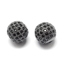 Бусины Латунь с Фианитами, Круглые, Стойкое Покрытие Оружейная Сталь, Цвет фианитов: Черный, Размер: 9.5-10х9-9.5мм, Отверстие 2мм, (УТ100030813)