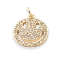 Подвеска Латунь, Смайл с Фианитами, Плоские Круглые, Покрытие Золото 18К, Размер: 17х14.5х1.5мм, Соединительное кольцо: 5х1мм, Внутренний диаметр 3.5мм, (УТ100031177)