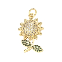 Подвеска Латунь, Подсолнух с Фианитами, Стойкое Покрытие Золото 18К, Цвет фианитов: Смешаный, Размер: 25х14х6.5мм, Отверстие 3мм, Соединительное кольцо 5х1мм, (УТ100031334)
