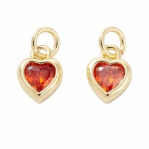Підвіска Серце, Латунь і Фіаніт, Стійке Покриття Золото 18К, Колір Фіаніту: Кораловий, 9.5х7х3мм, З'єднувальне кільце 5х0.7мм, Внутрішній діаметр 3.6мм, (УТ100031338)