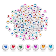 Бусины Акрил Непрозрачные с Сердцем, Плоские Круглые, Цвет: Белый, Сердце: Эмаль, Цвет: Микс, Размер: 7х3.5мм, Отв.1.2мм, 170шт/25г, (УТ100031343)